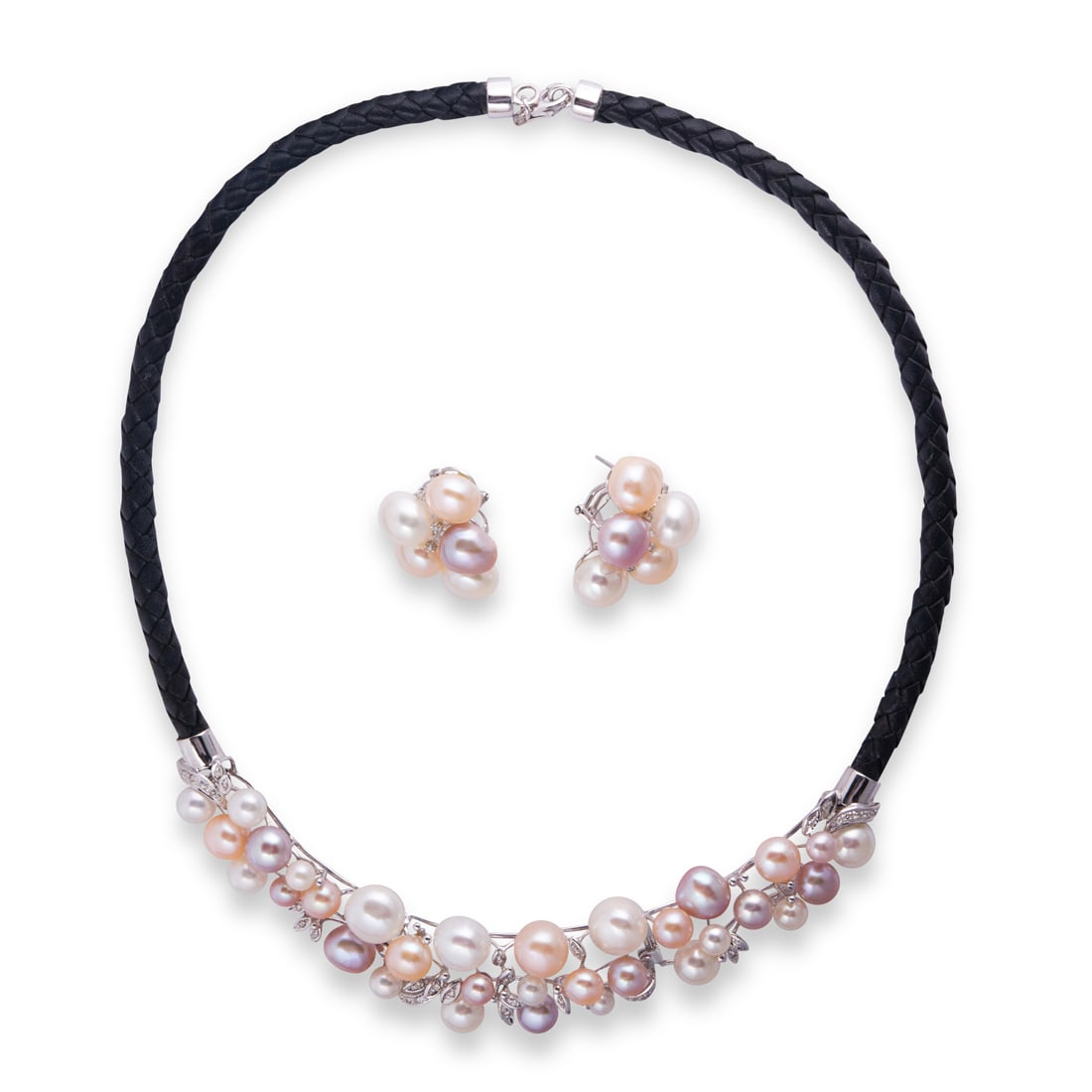 A freshwater cultured pearl, diamond and 14k white gold necklace and earring set: A freshwater cultured pearl, diamond and 14k white gold necklace and earring setcomprising a cluster design necklace, with multi-color pearl measuring approximately 5.30 to10.30 mm, accented by round