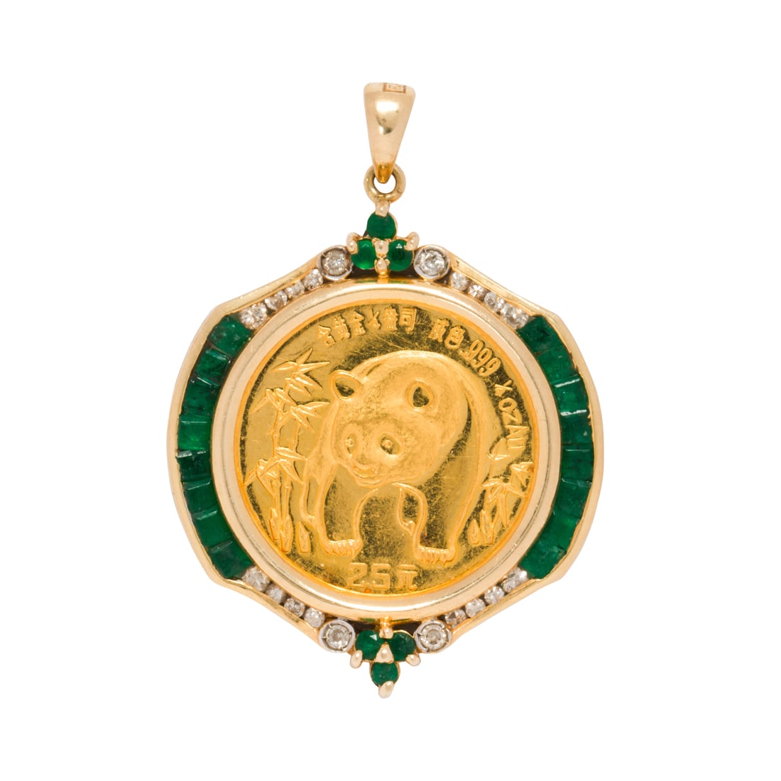 A gold coin, emerald, diamond and 14k gold pendant: A gold coin, emerald, diamond and 14k gold pendantfeaturing a 1986 Chinese 1/4 oz Panda coin, the frame set with 22 square and round emeralds, and accented with 20 round brilliant-cut diamonds; 13.4 g