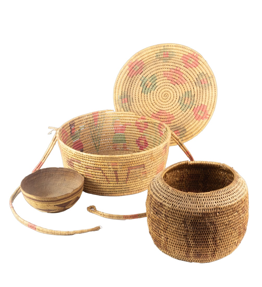 A basketry group: A basketry group, consisting of a Hupa hat, a monochrome California basket, and an Arts and Crafts covered basket, 7"h x 16"w largest