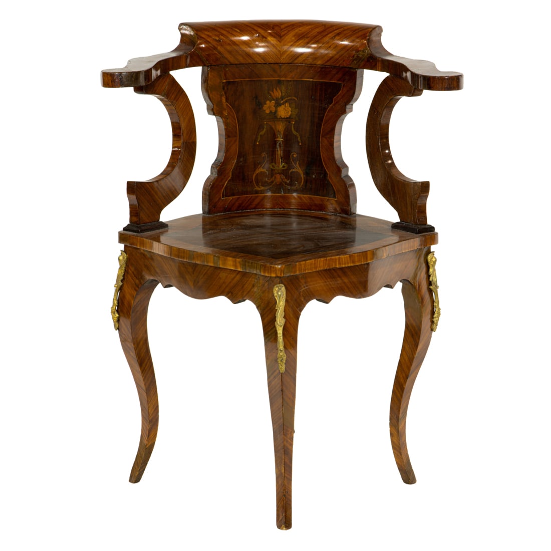 A Louis XV style gilt bronze inlaid kingwood corner chair 32: A Louis XV style gilt bronze inlaid kingwood corner chair 32.5"h x 22.5"w x 21.5"d