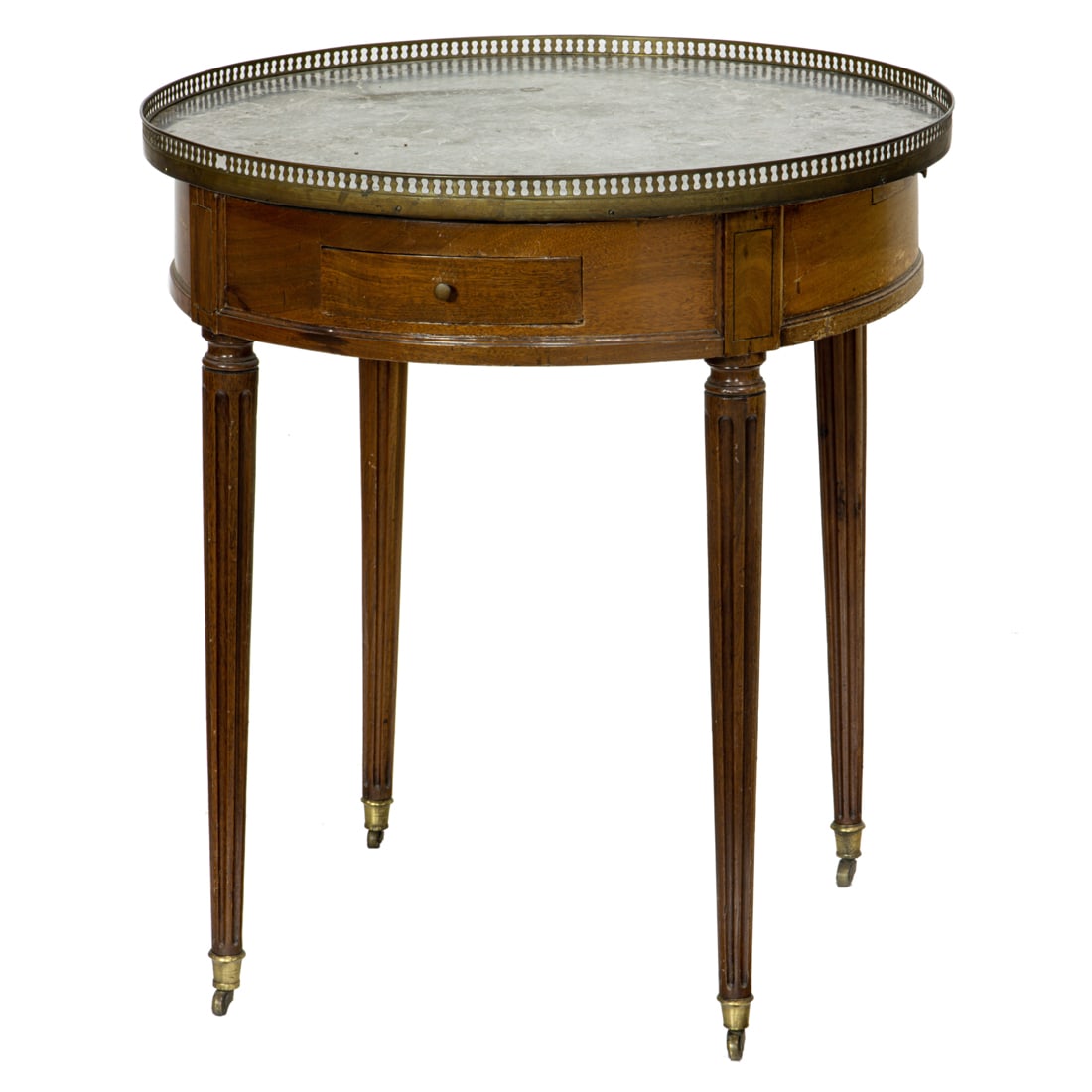 A French gueridon circa 1900: A French gueridon circa 1900, the captured marble top above the brass mounted apron with two drawers and two slide out stands, and rising on fluted tapered legs terminating on casters, 29"h x 26"w