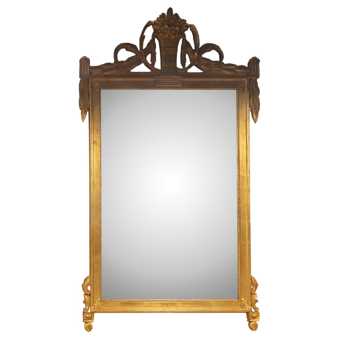 A Neoclassical style giltwood mirror, 20th century, embellished with flower basket cres: A Neoclassical style giltwood mirror, 20th century, embellished with flower basket crest, 45"h x 28"w