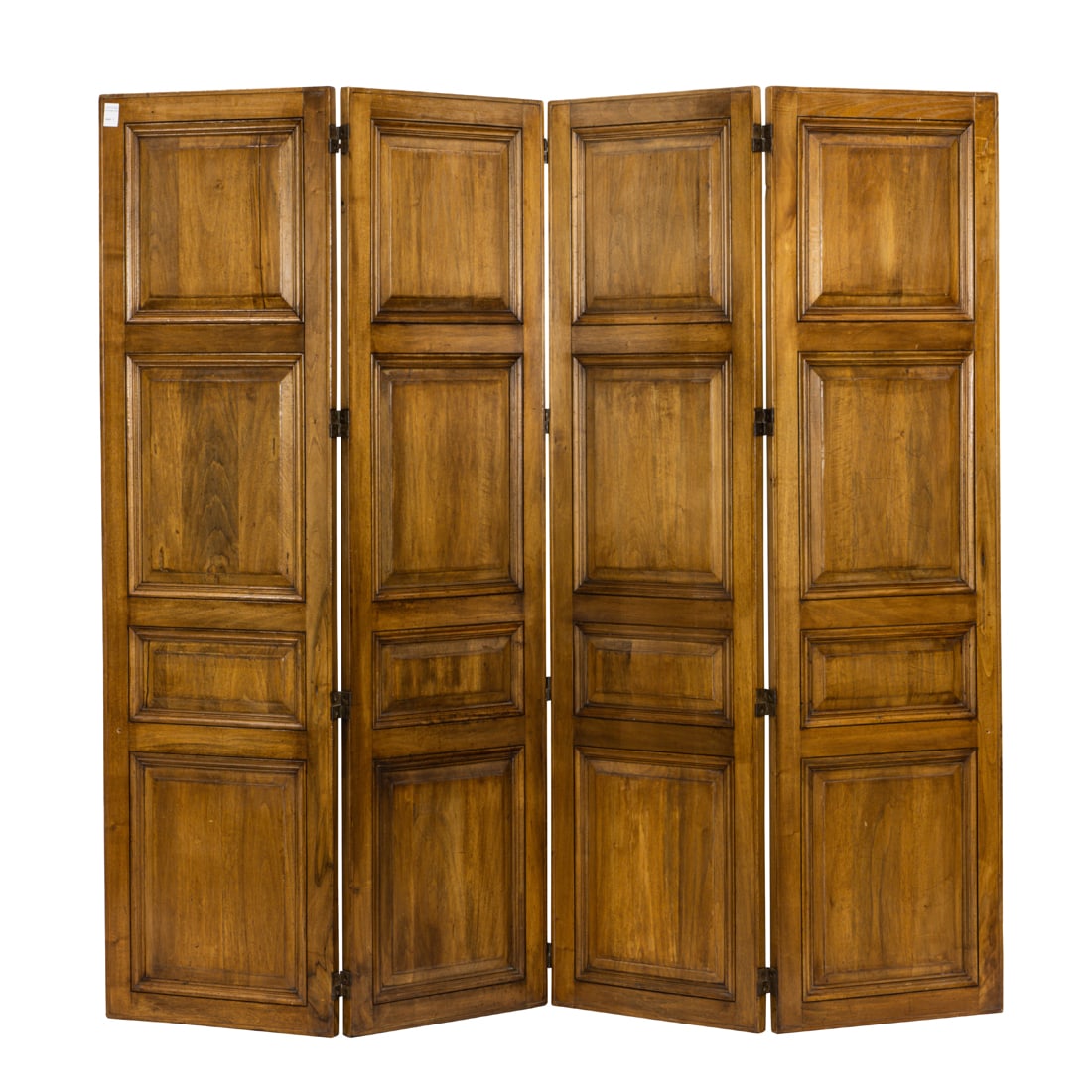 A four panel walnut folding screen: A four panel walnut folding screen with brass hinges, 72.5"h x 20 1/8"w x 1 1/8"d (each panel)
