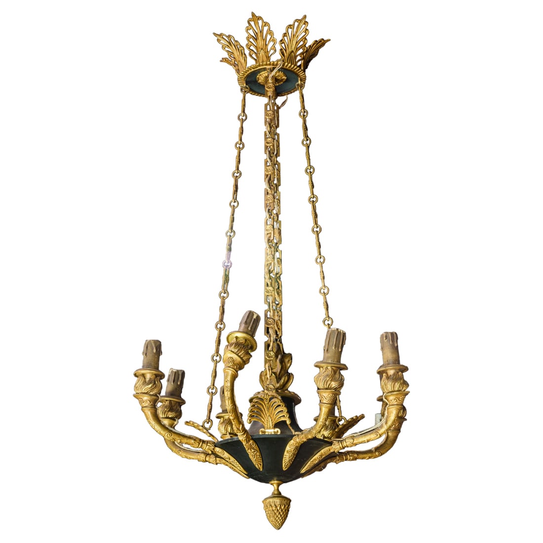 A Louis Philippe patinated and gilt bronze eight-light chandelier: A Louis Philippe patinated and gilt bronze eight-light chandelier, second quarter 19th century, the central font with flame finial issuing torchiere candlearms terminating in flames, all suspended by 