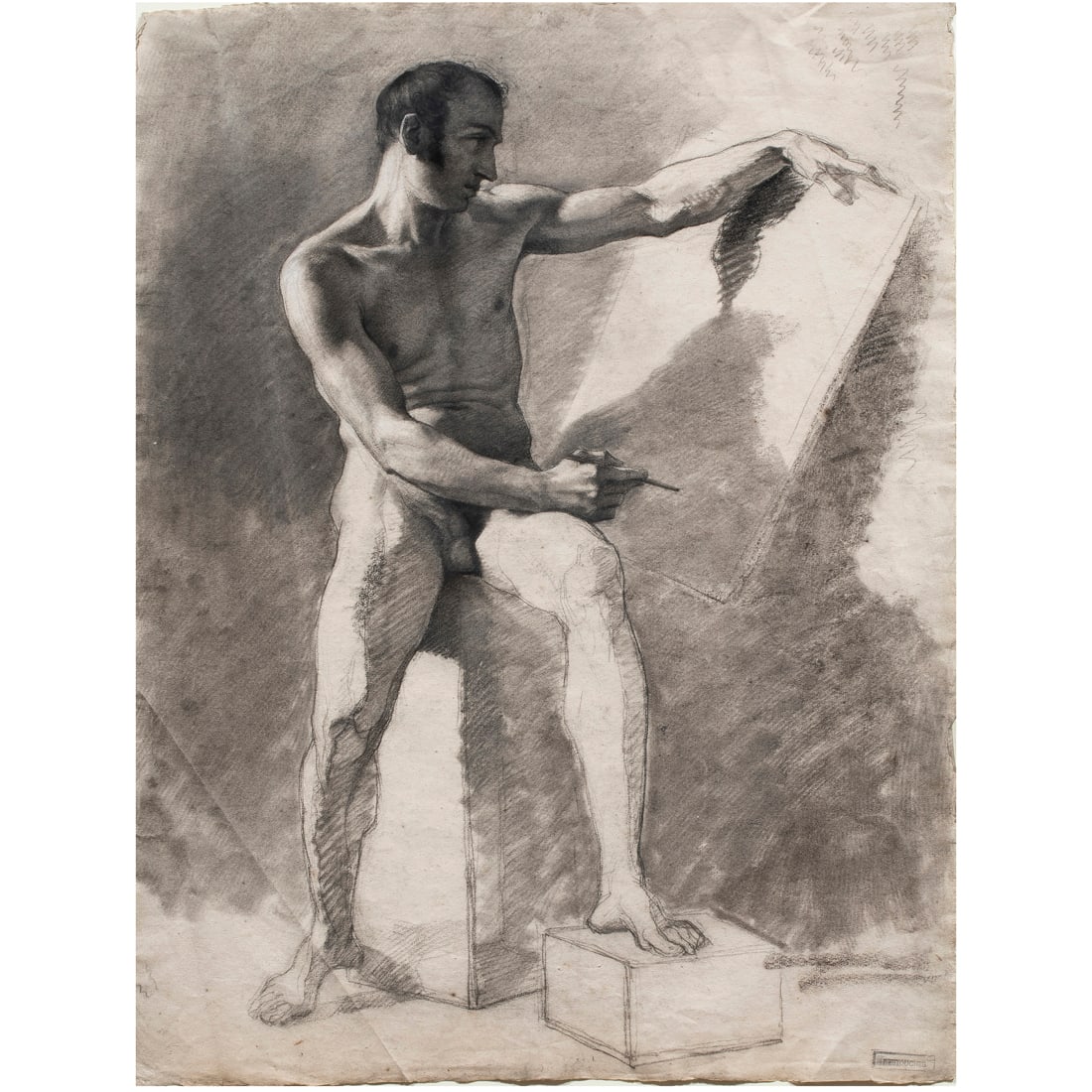 Work on paper, Seated Male Nude: Anonymous/Academie School (19th century), "Seated Male Nude," charcoal on pink toned paper, unsigned, title label verso, sight: 22.75"h x 17.5"w, overall (with frame): 33.25"h x 26.25"w. Provenance: E