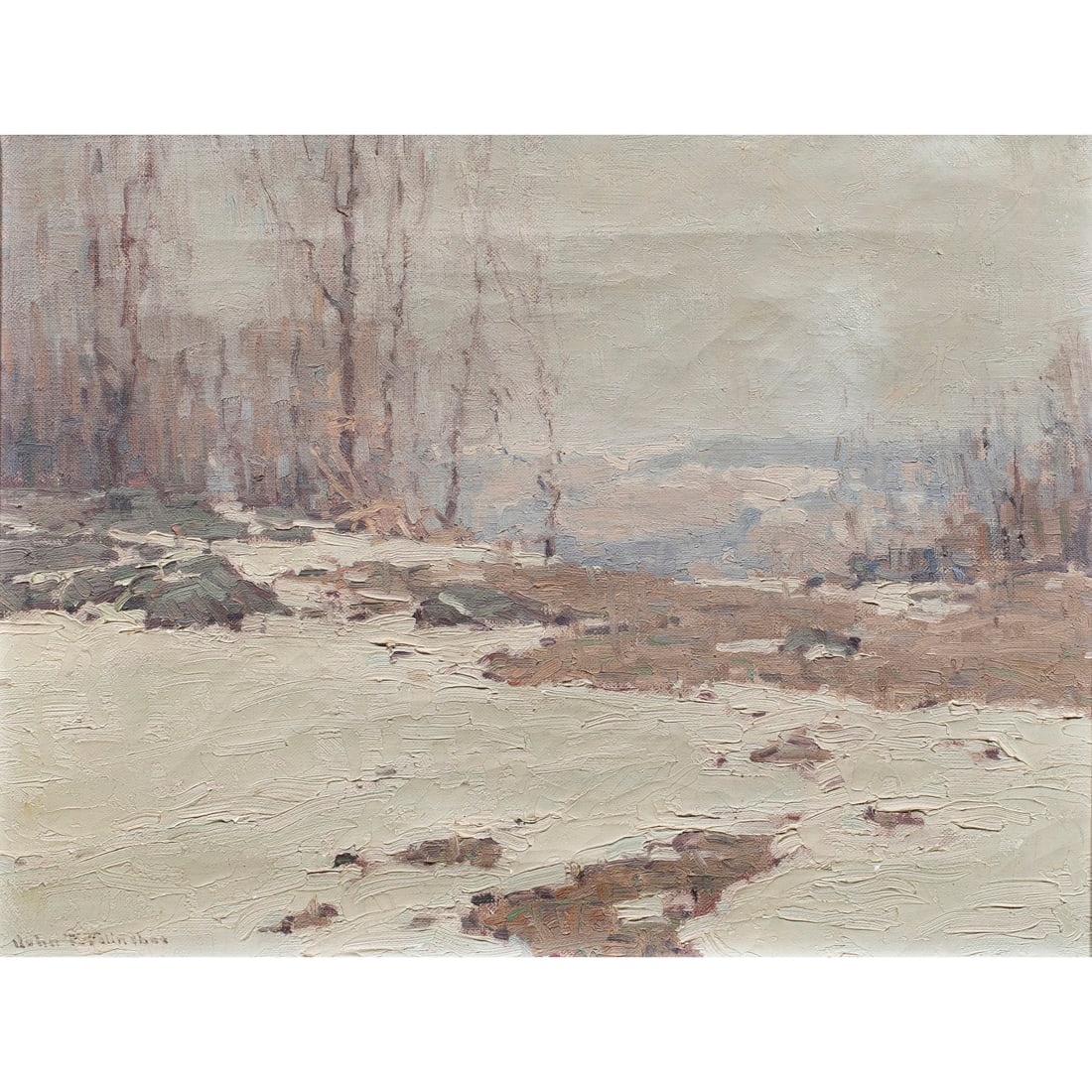 Painting, John Folinsbee: John Folinsbee (American, 1892-1972), Winter Scene (Study for "Snow Patches)," circa 1910-1915, oil on canvas, signed lower left, canvas: 12"h x 16"w, overall (with frame): 19"h x 23"w. Provenance: Es