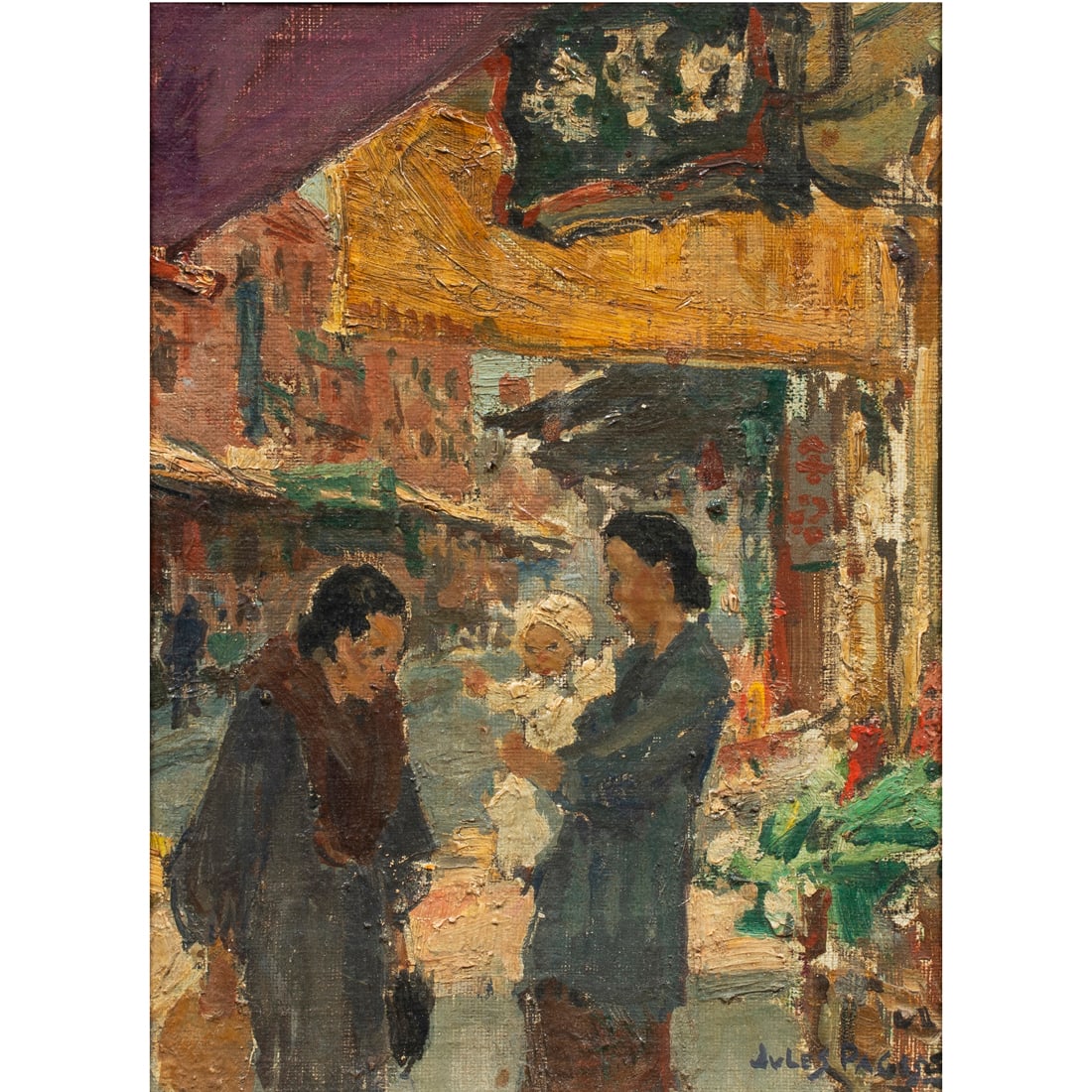 Painting, Jules Eugene Pages: Jules Eugene Pages (American, 1867-1946), Mother and Child in Chinatown, San Francisco, oil on canvas affixed to board, signed lower right, board: 8.75"h x 6.5"w, overall (with frame): 13.5"h x 11.5"w