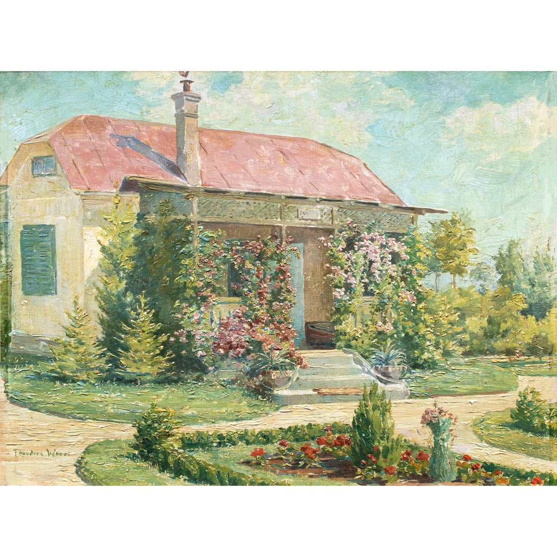 Painting, Theodore Wores: Theodore Wores (American, 1859-1939), Cottage in La Jolla, oil on canvas affixed to board, signed lower left, board: 14"h x 18"w, overall (with frame): 21.5"h x 25.5"w. Provenance: Bonhams, 12/13/1994