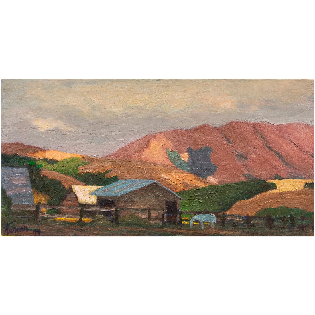Painting, Jerrold Turner: Jerrold Turner (American, 20th century), "Black Mountain and Blue Horse, Point Reyes Station," 1999, oil on panel, signed and dated lower left, signed, titled, and dated verso, panel (unframed): 12"h 