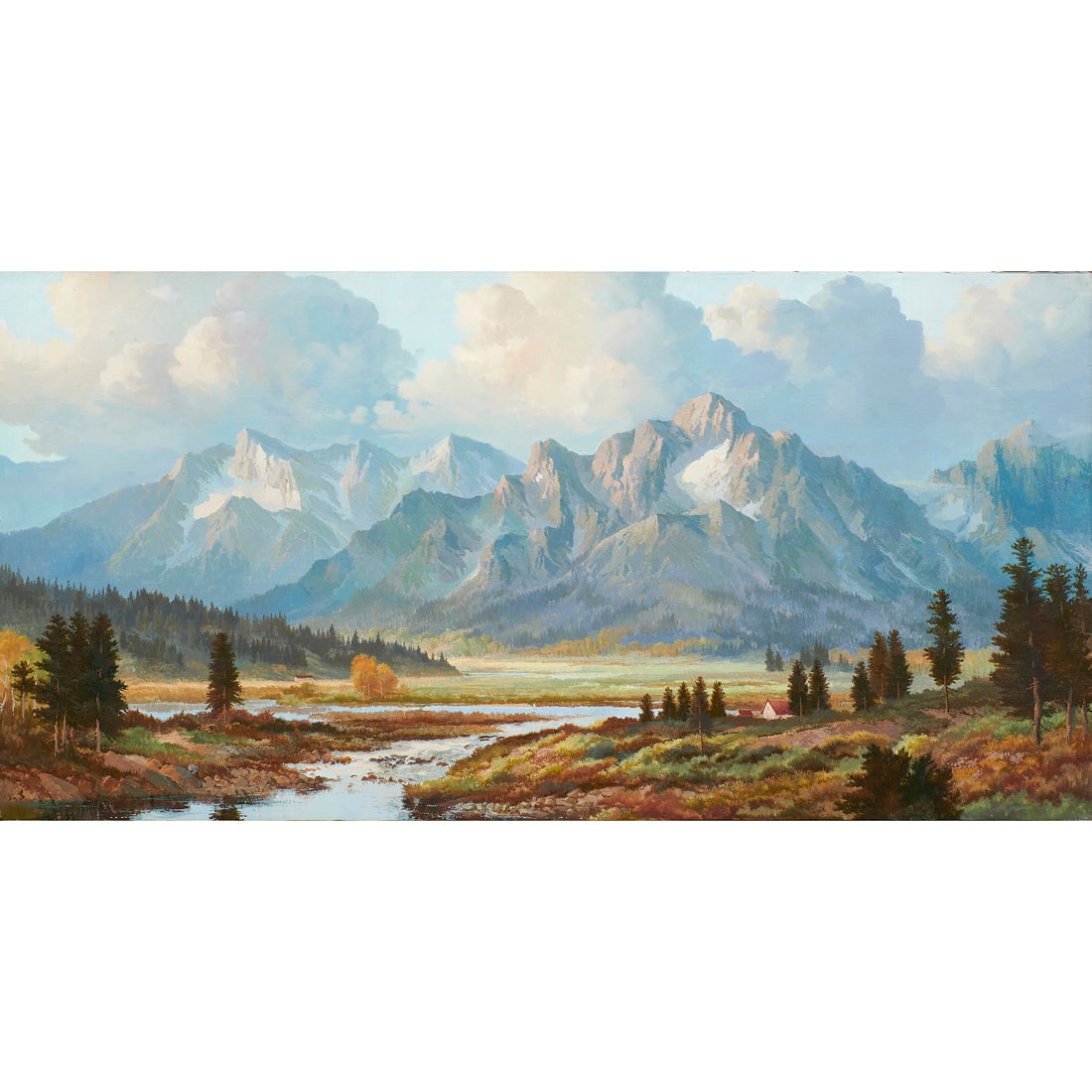 Painting, Beverly Carrick: Beverly Carrick (American, b. 1930), "High Country," 1981, oil on canvas, signed lower right, signed, titled, and dated verso, canvas (unframed): 24"h x 48"w