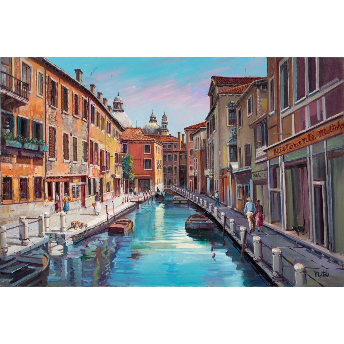 Painting, Filastro Mottola: Filastro Mottola (American, 1915 - 2008), Venetian View, oil on masonite, signed lower right, board (unframed): 24"h x 36"w