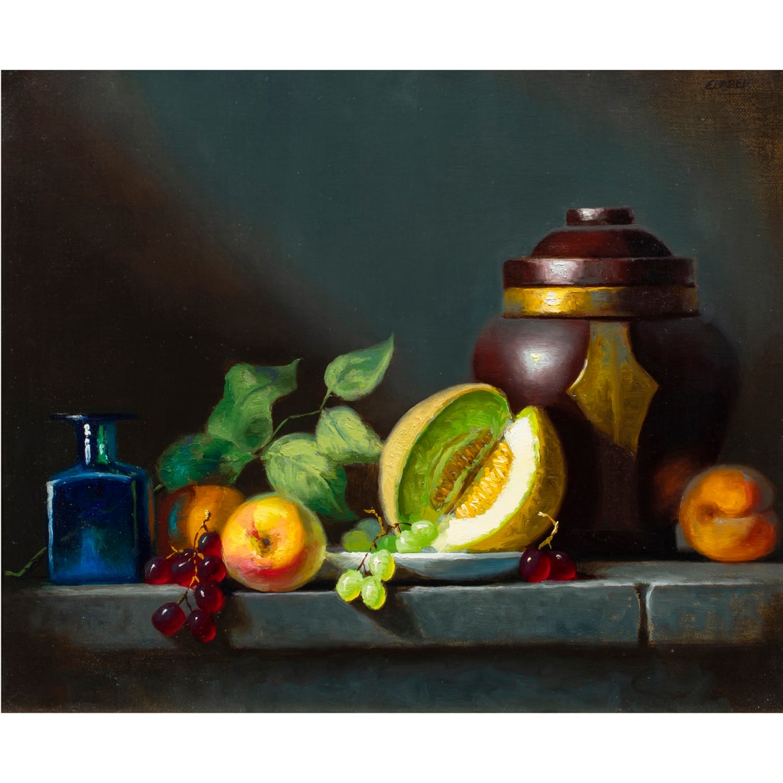 Painting, Ernest Morton Baber: Ernest Morton Baber (American, b. 1949), Still Life with Fruit and Urn, oil on canvas, signed upper right, sight: 14.25"h x 17.25"w, overall (with frame): 19"h x 21.75"w