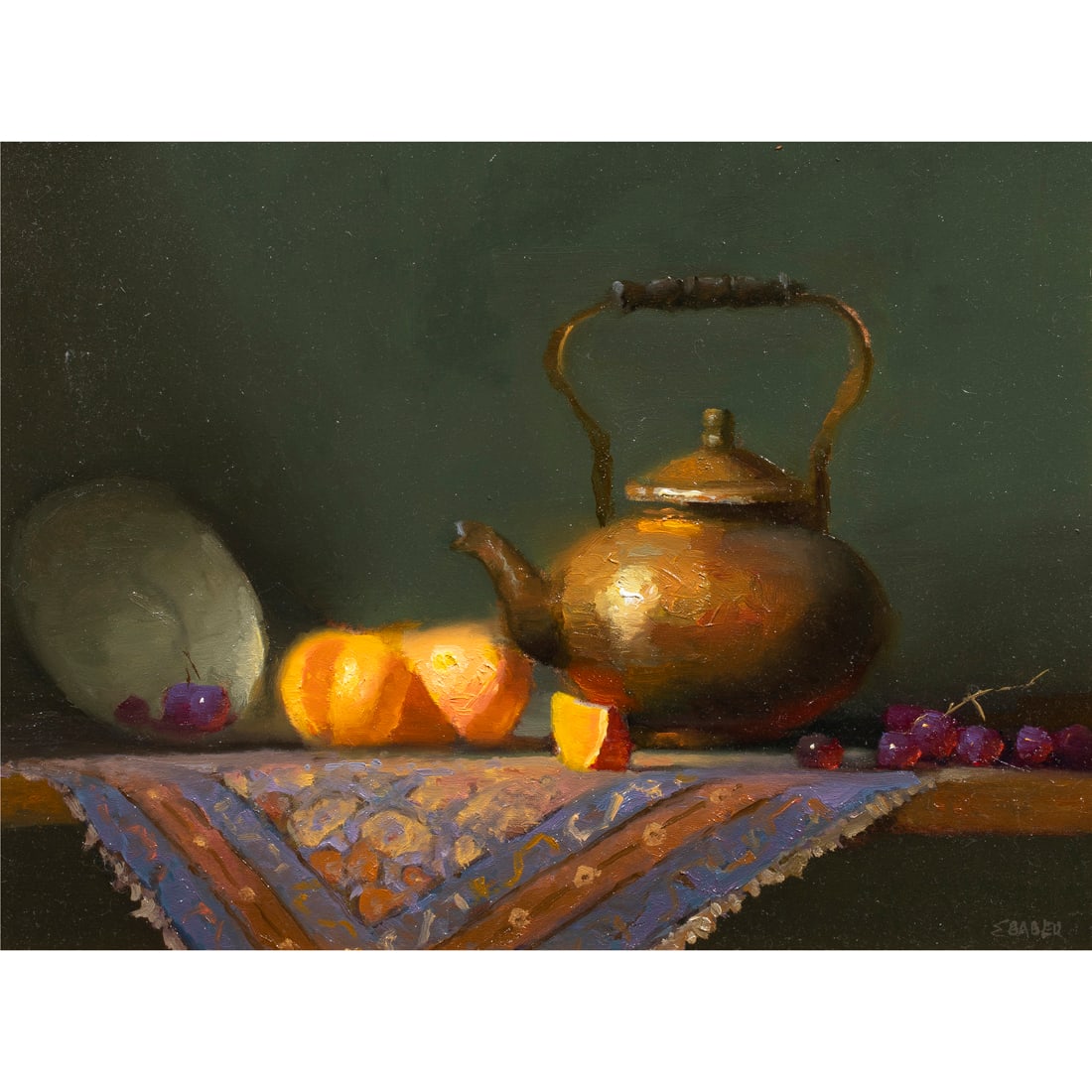 Painting, Ernest Morton Baber: Ernest Morton Baber (American, b. 1949), "Teapot & Oranges," oil on board, signed lower right, titled verso, board: 12"h x 16"w, overall (with frame): 15.75"h x 19.75"w