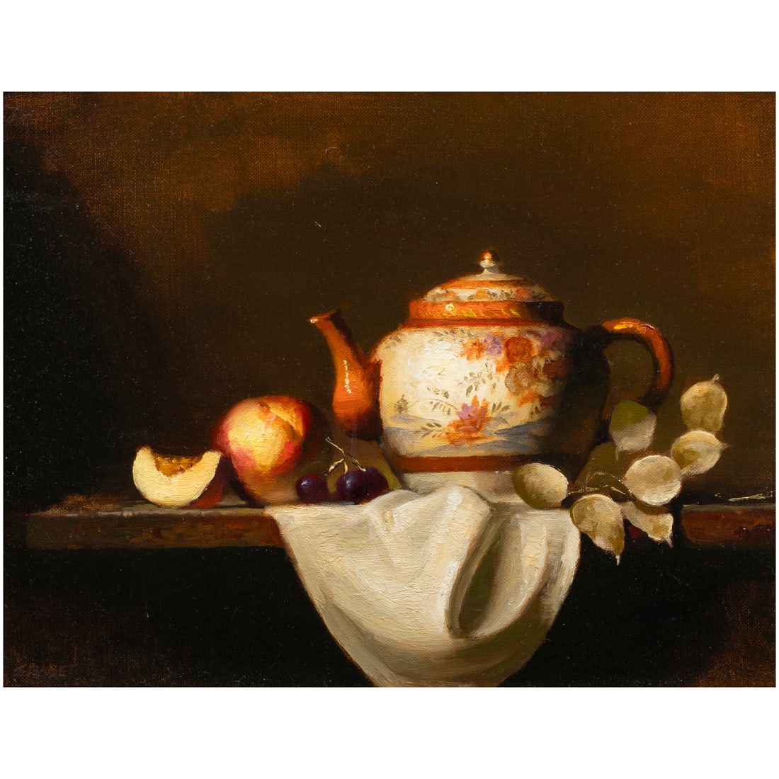 Painting, Ernest Morton Baber: Ernest Morton Baber (American, b. 1949), "Kutani Teapot," oil on canvas, signed lower left, titled verso, canvas: 11"h x 14"w, overall (with frame): 14.5"h x 17.5"w