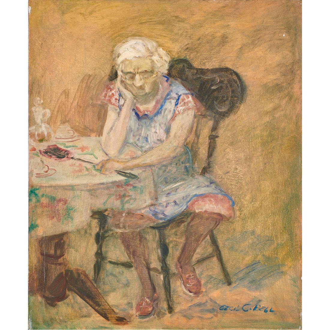 Painting, Cecil C. "Spike" Bell: Cecil C. "Spike" Bell (American, 1906-1970), "Annie," 1963, oil on board, signed lower right, signed and titled verso, board (unframed), 24"h x 20"w. Provenance: Purchased directly from artist.