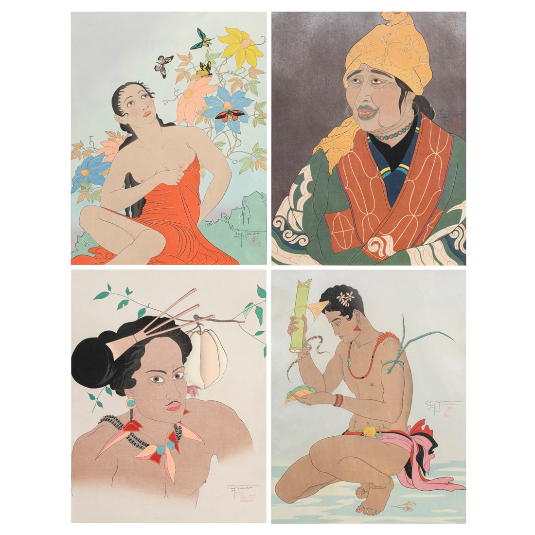 Prints, Paul Jacoulet: (lot of 4) Paul Jacoulet (French, 1896-1960), "Le Betel 'Yap'," edition 300/350, "Un Homme de Yap Ouest Carolines," edition 311/350, "Vieille Aino, Chikabumi Hokkaido Japon," edition 128/350, and "Les
