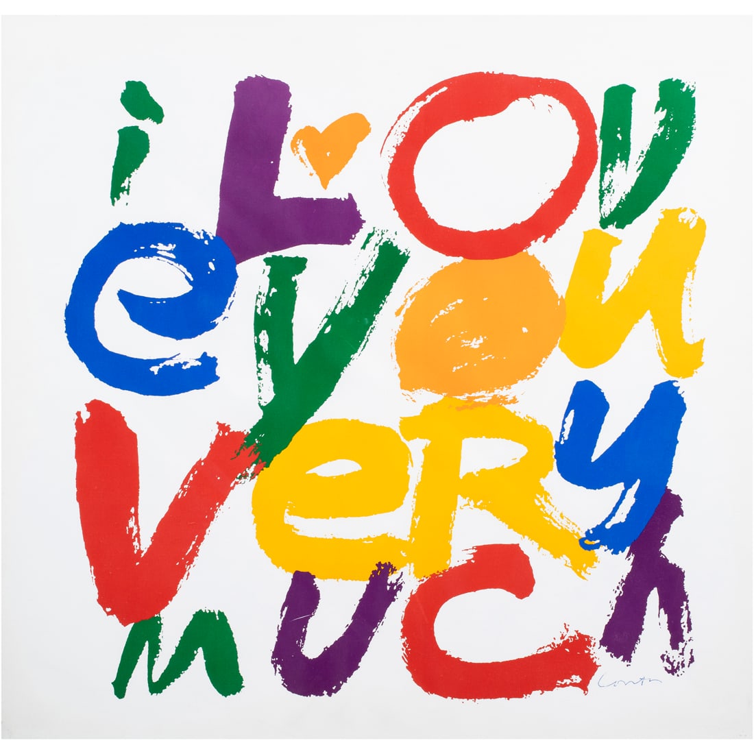 Print, Sister Mary Corita Kent: Sister Mary Corita Kent (American, 1918-1986), "I Love You Very Much," screenprint, signed in plate, lower right, sight: 22"h x 22.75"w, overall (with frame): 22.75"h x 23.5"w