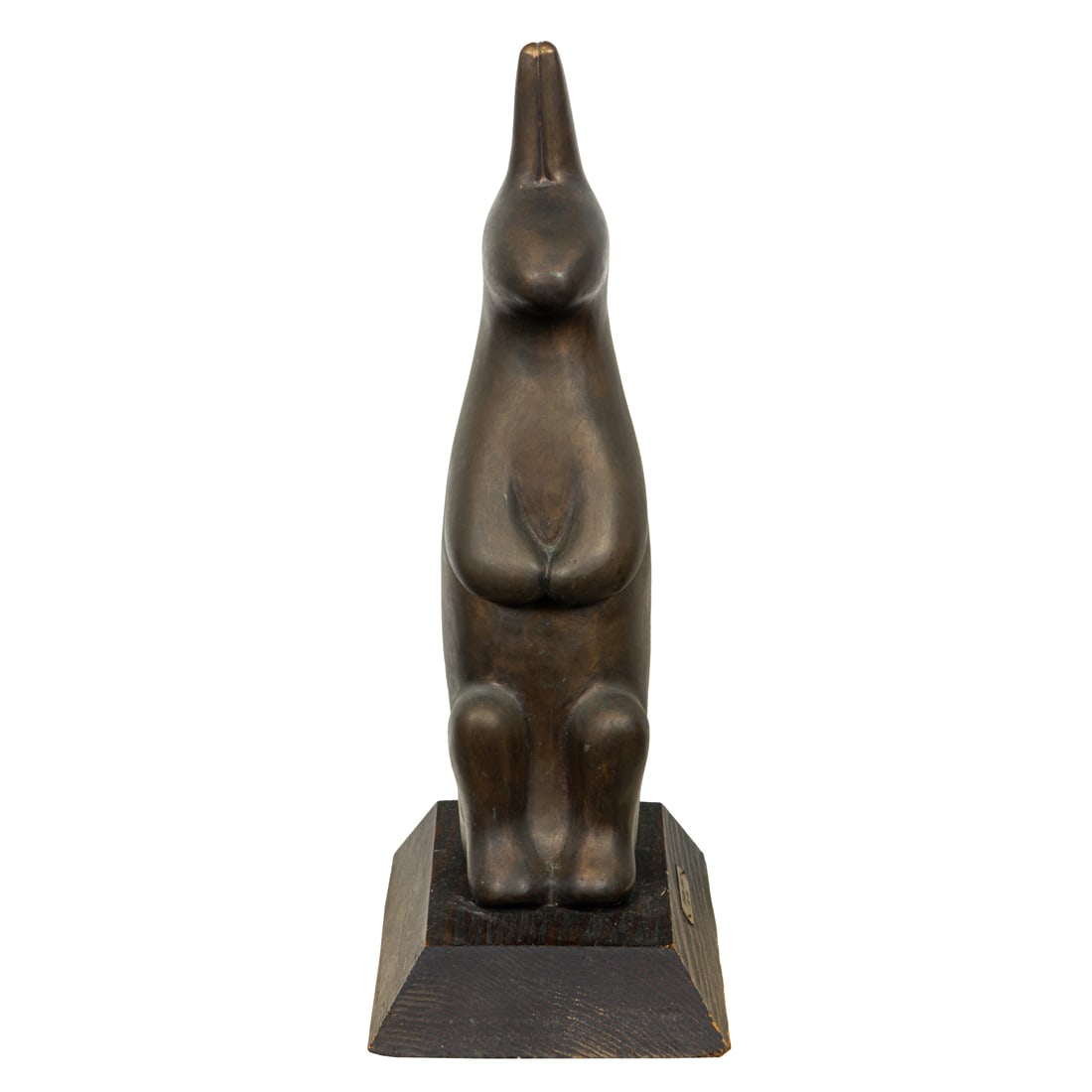 Sculpture, Beniamino Benvenuto Bufano: Beniamino Benvenuto Bufano (American/Italian, 1886-1970), Rabbit, bronze sculpture, unsigned, overall (with wood base): 21"h x 7.5"h x 12"d