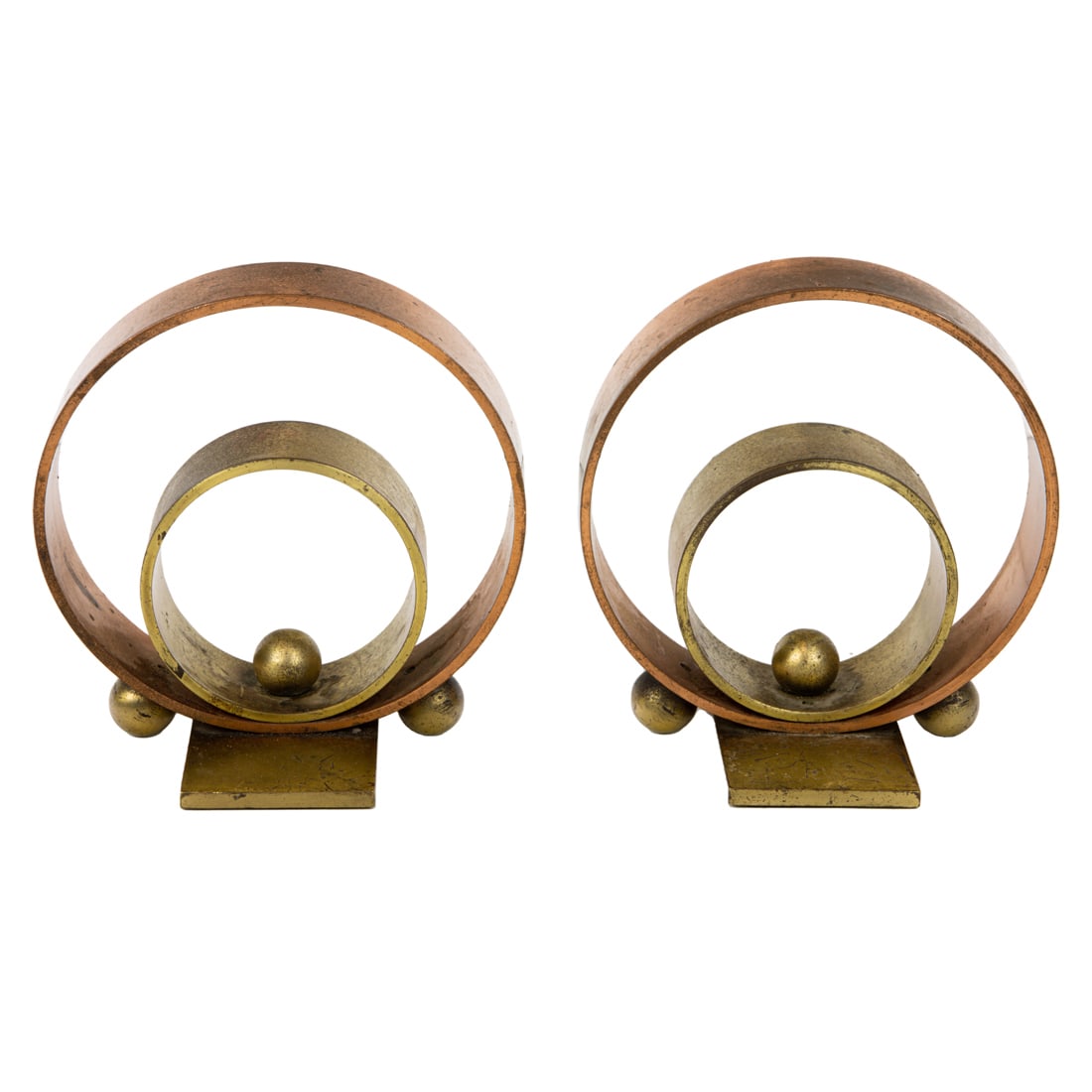 Sculptures, Walter von Nessen: (lot of 2) Walter von Nessen (German/American, 1889-1943), Untitleds, brass bookend sculptures, Chase hallmark beneath, overall (for each): 5.25"h x 5"w x 2.75"d