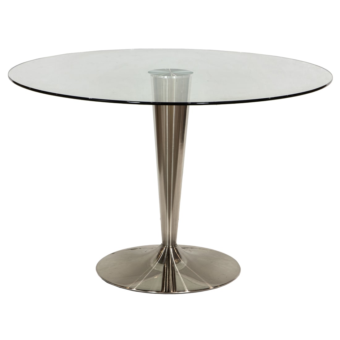 A Modern glass and aluminum pedestal dining table: A Modern glass and aluminum pedestal dining table, 29.5"h x 46"d