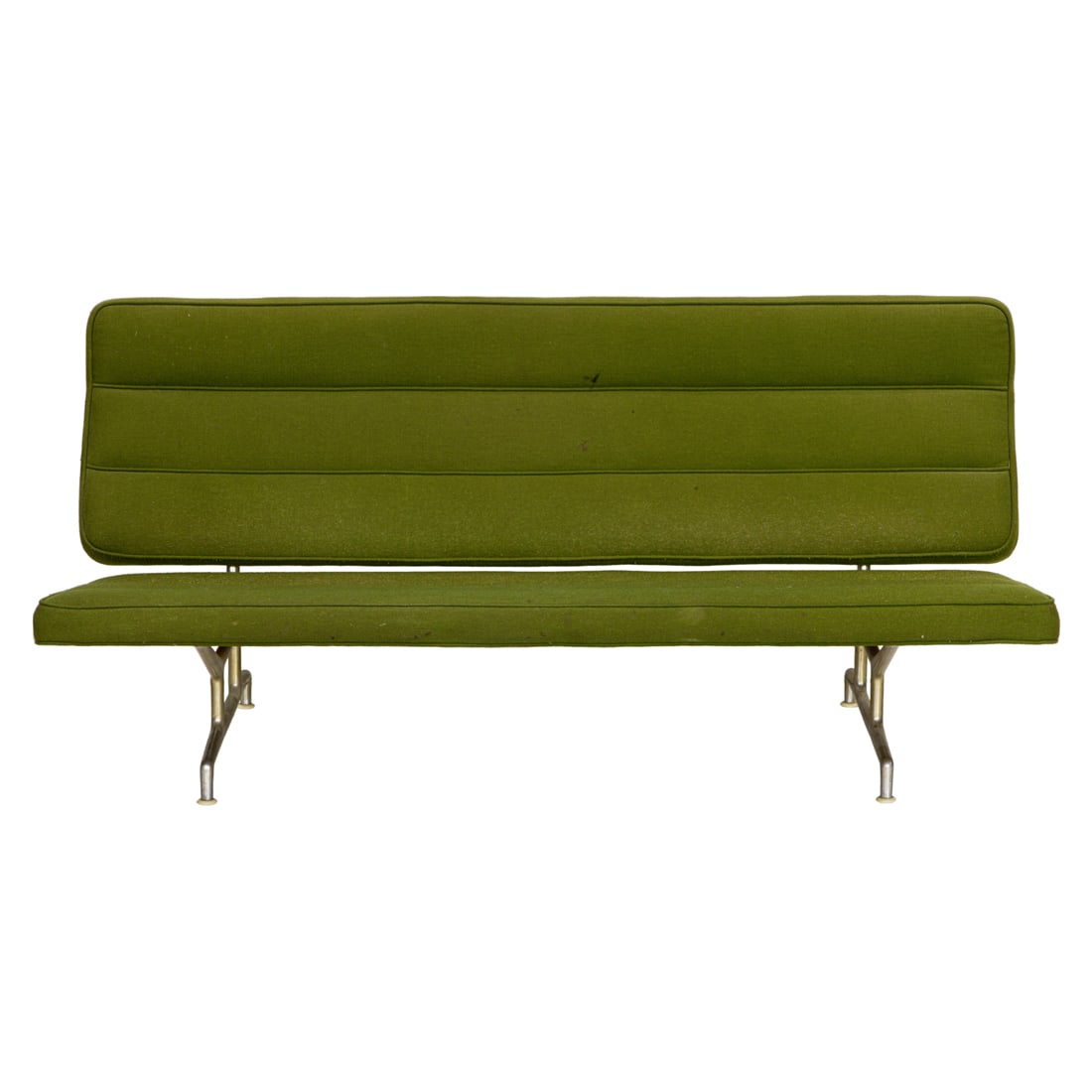 A Charles and Ray Eames upholstered sofa with steel legs: A Charles and Ray Eames upholstered sofa with steel legs, upholstery tag marked 'Mich.'; 33.5"h x 70"w x 20"d (seat)