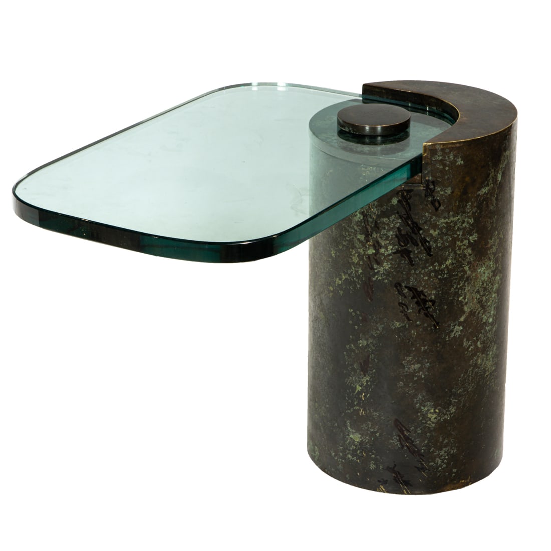 A Karl Springer patinated bronze and glass occasional table: A Karl Springer patinated bronze and glass occasional table, engraved 'Karl Springer', 18.5"h x 24"w x 16"d