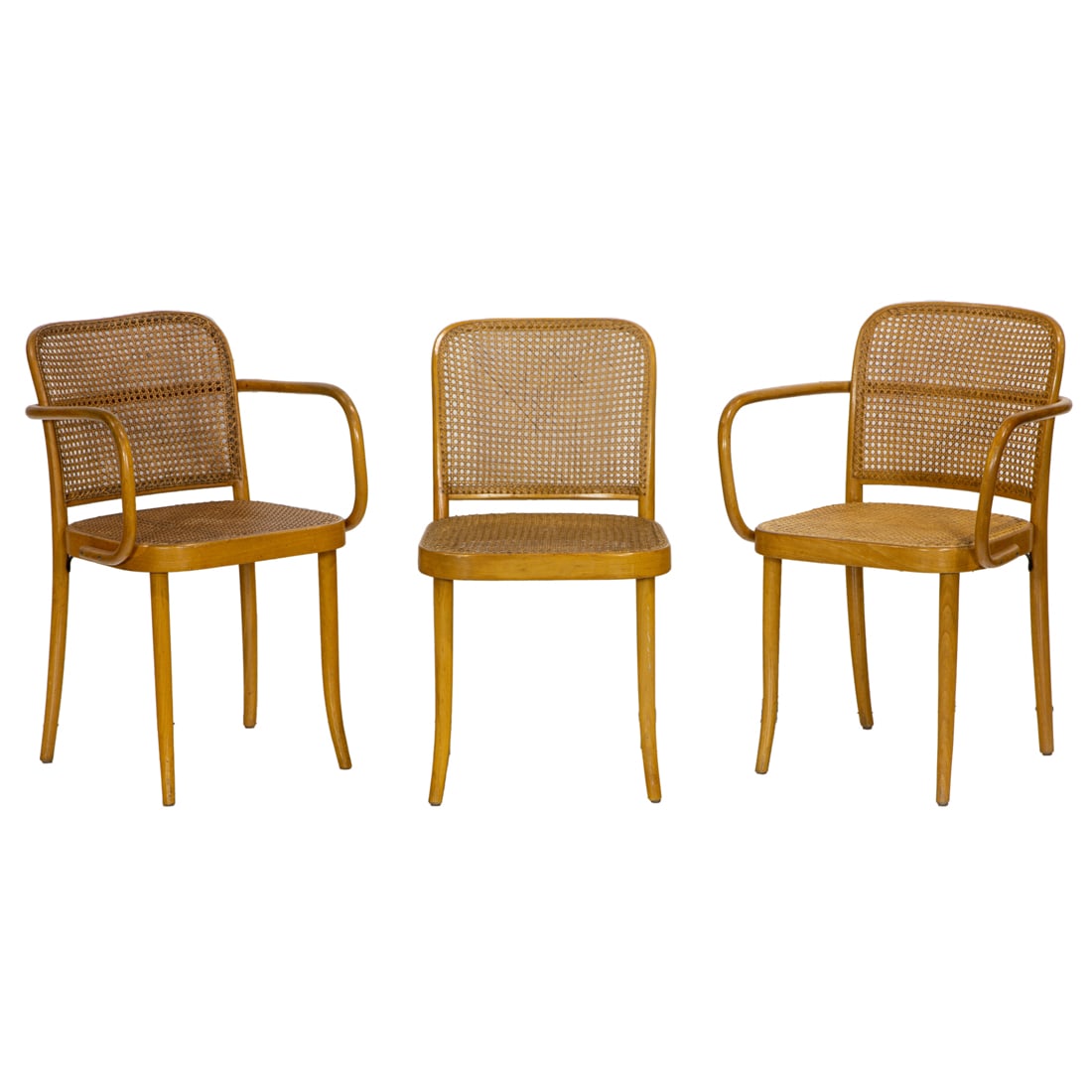 Three Stendig bentwood and cane Prague dining chairs designed by Josef Hoffmann circa 1960s: Three Stendig bentwood and cane Prague dining chairs designed by Josef Hoffmann circa 1960s, each stamped 'Made in Czechoslovakia', comprising (2) armchairs and (1) side chair with foil Stendig label,