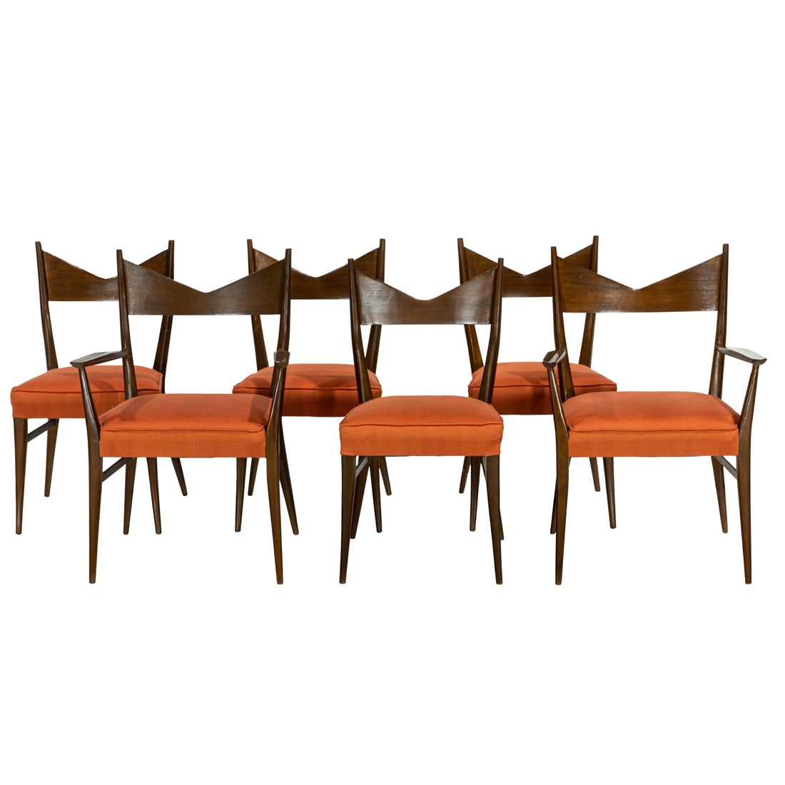 A set of six upholstered wood dining chairs designed by Paul McCobb: A set of six upholstered wood dining chairs designed by Paul McCobb, models 1082 and 1080, circa 1950s, comprising (2) armchairs and (4) side chairs , armchairs 35"h x 24"w x 19.5" (seat); side chairs
