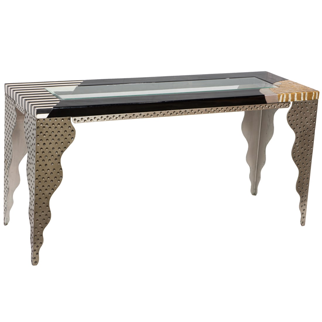 A Post Modern Memphis School style 'Zebra' mixed media console table: A Post Modern Memphis School style 'Zebra' mixed media console table, the black lacquered rectangular top inset with a beveled glass panel, assymetrical gilt & eggshell and black & white striped corne