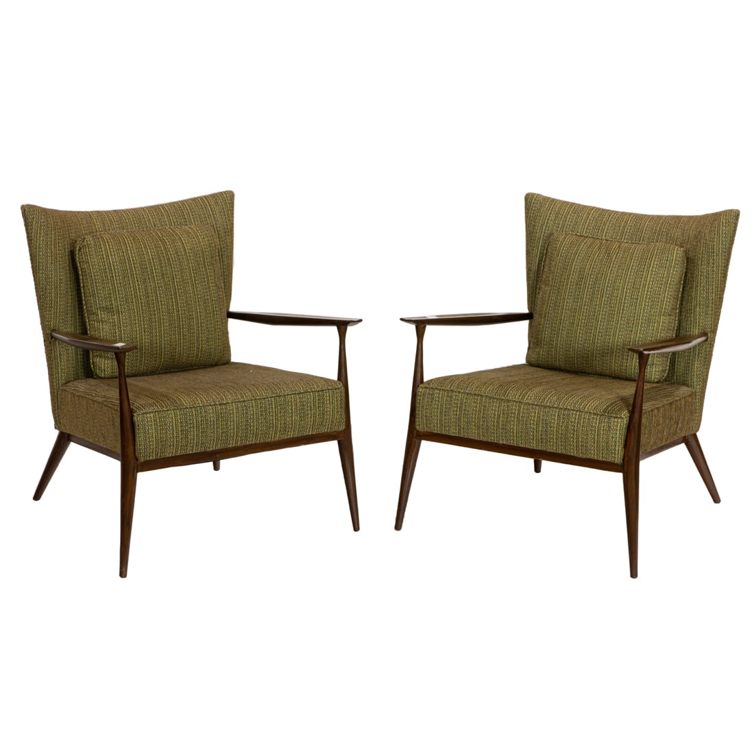A pair of Paul McCobb upholstered wood armchairs: A pair of Paul McCobb upholstered wood armchairs, circa 1950s, with matching cushions, 33"h x 28"w x 25"d. Note: Illustration in Paul McCobb's Fifties Furniture, Altgen, PA: Schiffer Publishing, 2000,