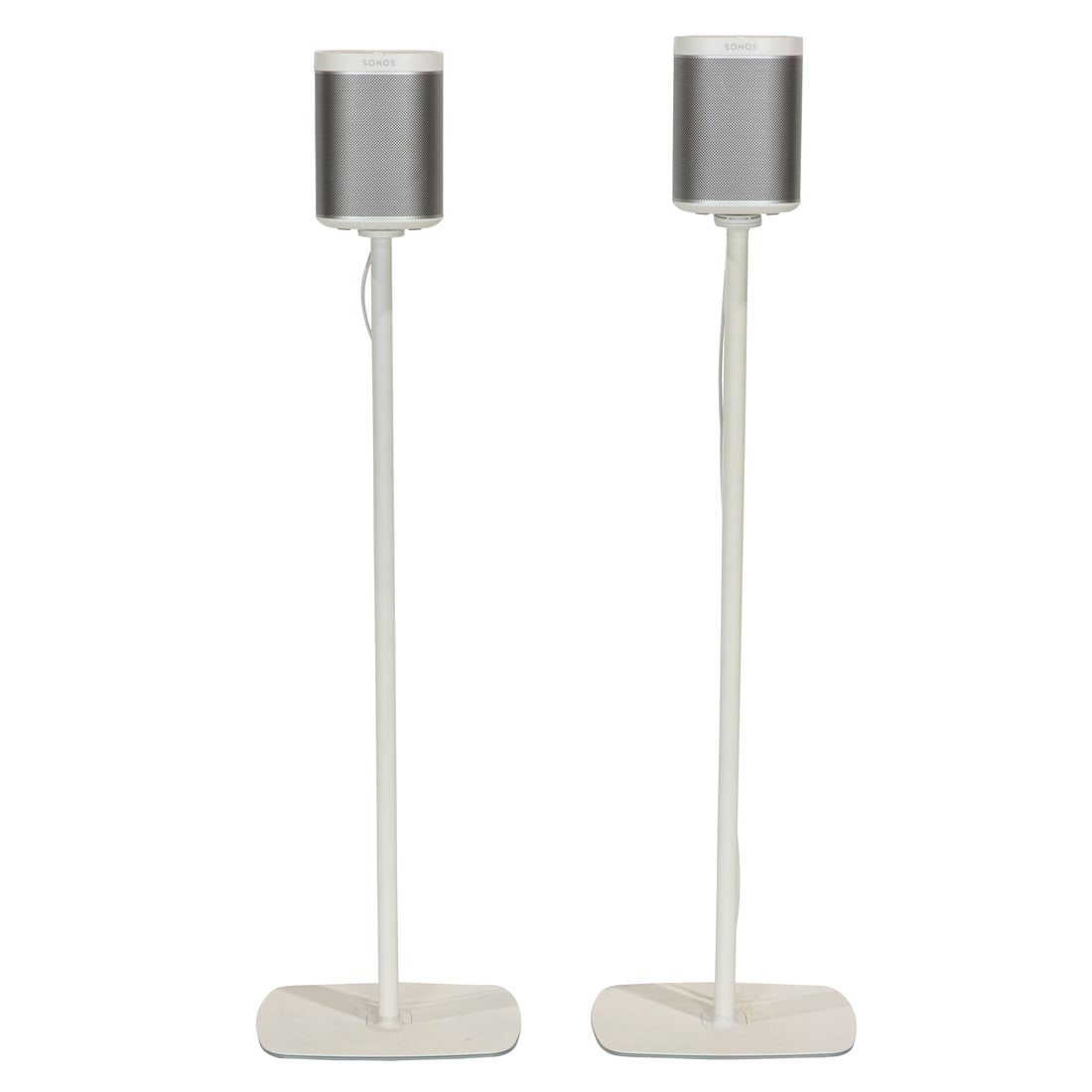 A pair of Sonos speakers, model 'Play:1' on white metal stands, 38"h x 10"w x 8"d: A pair of Sonos speakers, model 'Play:1' on white metal stands, 38"h x 10"w x 8"d