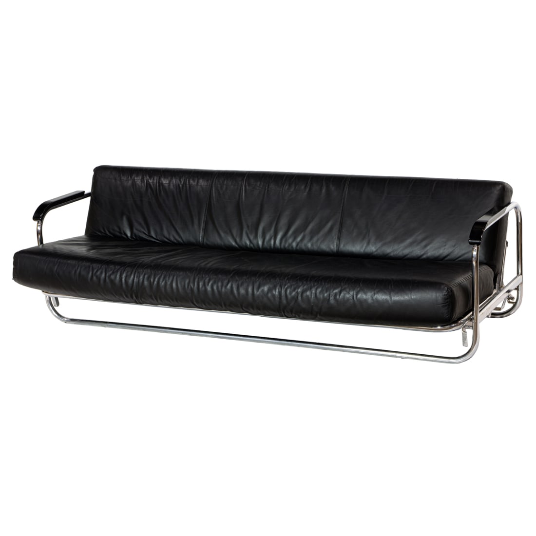 An Alvar Aalto Canape convertible sofa: An Alvar Aalto Canape convertible sofa, model #63, chrome-plated steel with leather upholstery and lacquered wood, 36"h x 80"w x 32.75"d