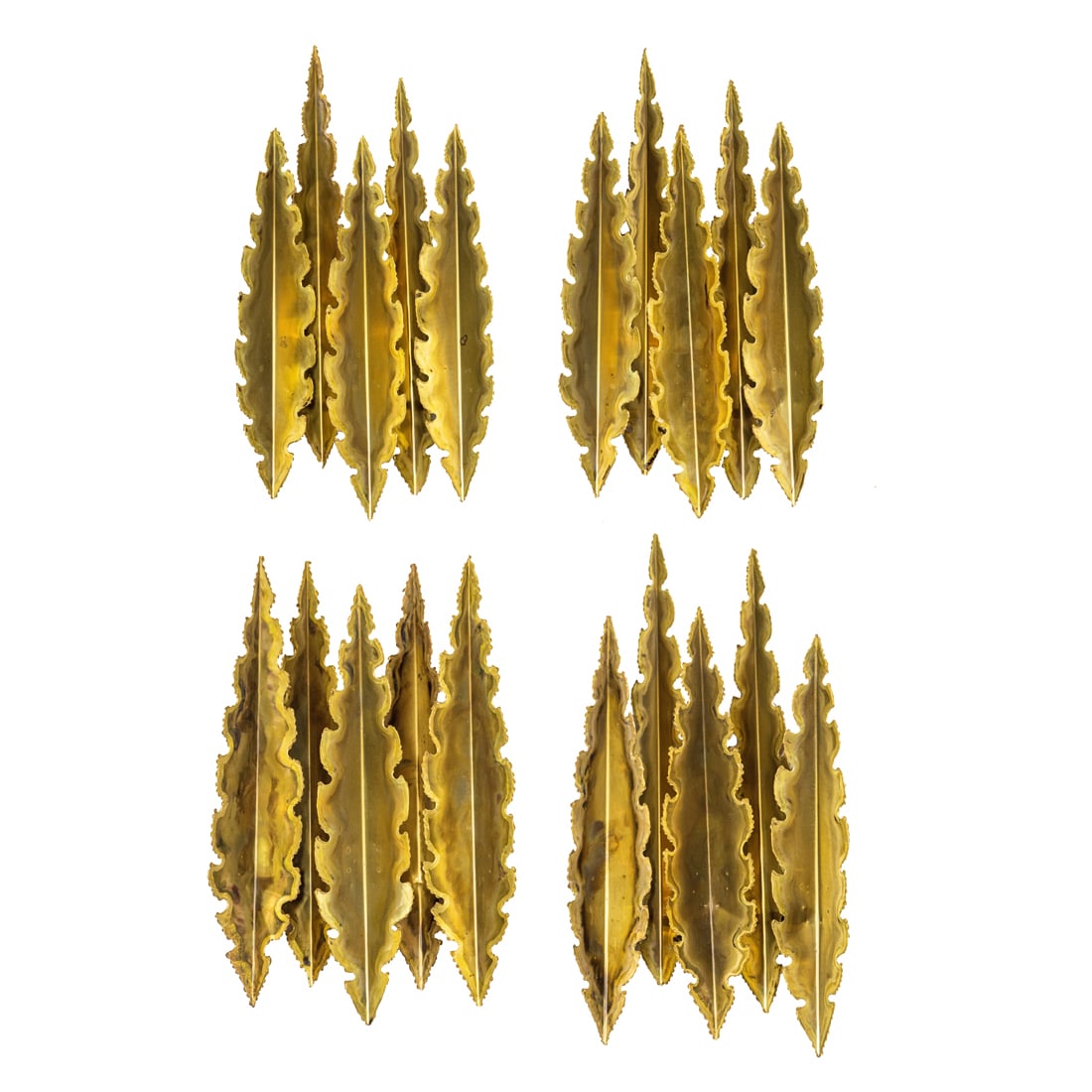 A set of four of Sven Aage Holm-Sorensen Brutalist torch cut wall sconces, model 5196: A set of four of Sven Aage Holm-Sorensen Brutalist torch cut wall sconces, model 5196, third quarter 20th century, each fitted with three lights, applied factory label, each 22"h x 12"w x 22"h