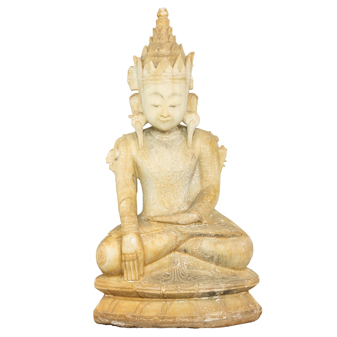 Burmese alabaster figure of seated Buddha: Burmese alabaster figure of seated Buddha. The Buddha resting on a single lotus base, has his right hand extented towards the ground in the bhumisparsha mudra, 33"h x 14"w.