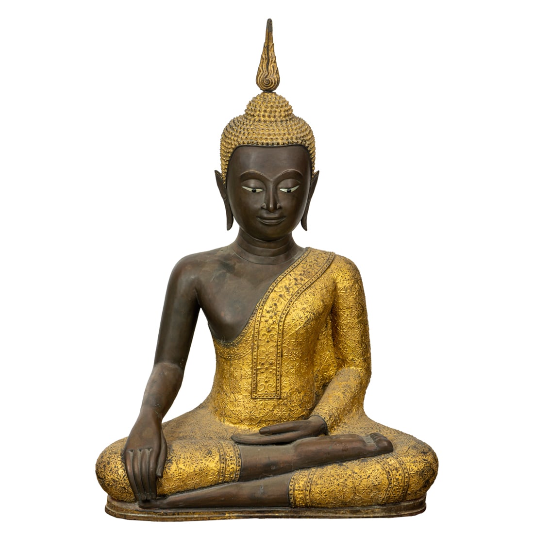 Thai gilt bronze figure of Buddha: Thai gilt bronze figure of Buddha. The seated figure has his right hand extented towards the ground in the bhumisparsha mudra, Bangkok period, 19th century, 30"h x 18"w.