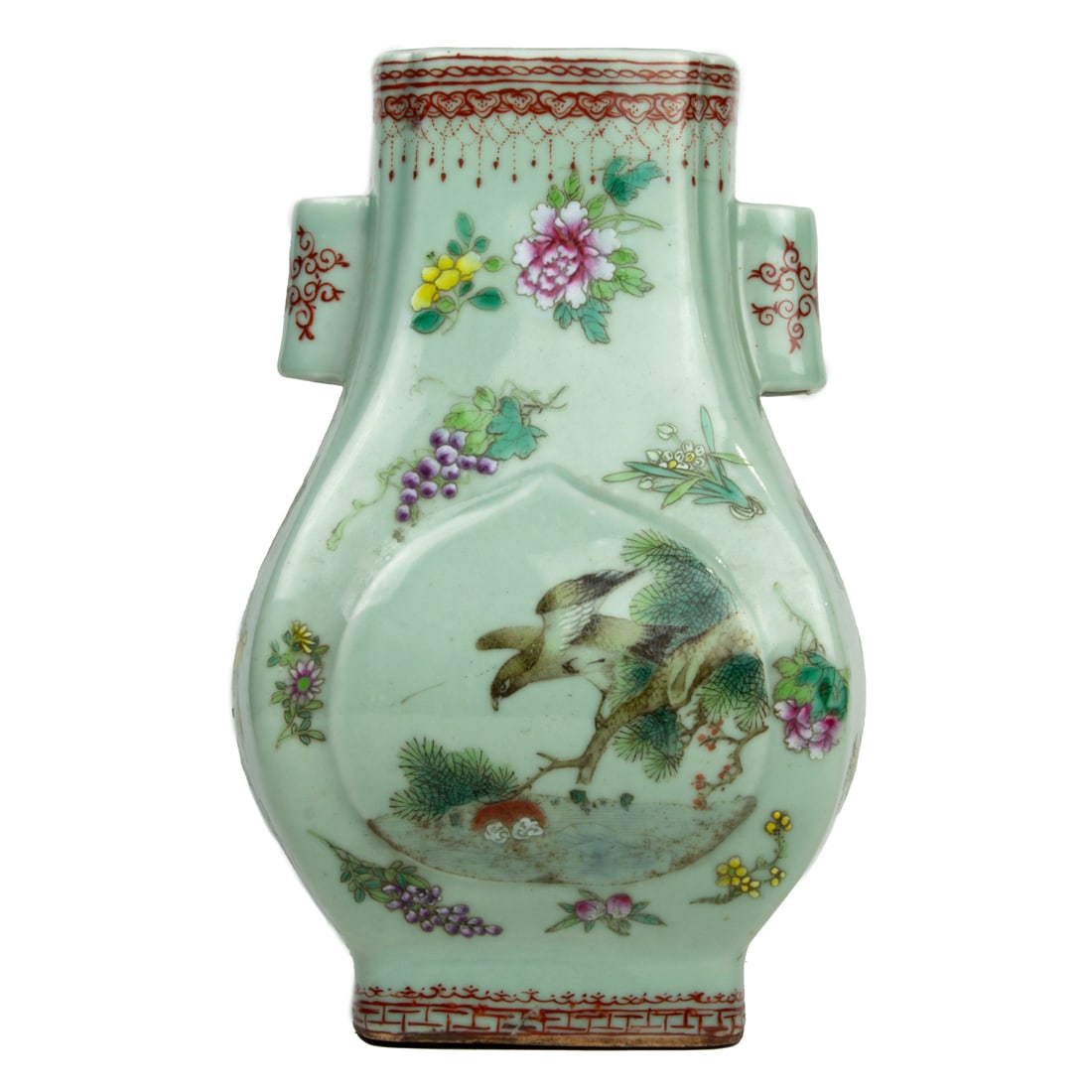 Chinese famille rose celadon-ground hu form vase: Chinese famille rose celadon-ground hu form vase. Featuring various birds, flowers, and roosters, Guangxu six-character mark, 11.5"high.