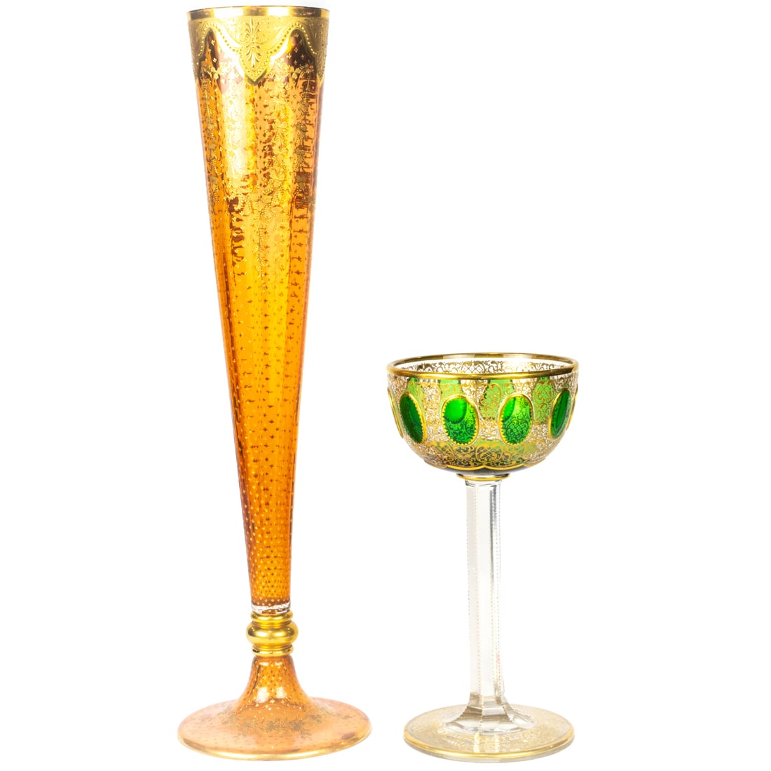 A tall Bohemian gilt decorated trumpet vase and goblet, probably Moser (1 of 3)