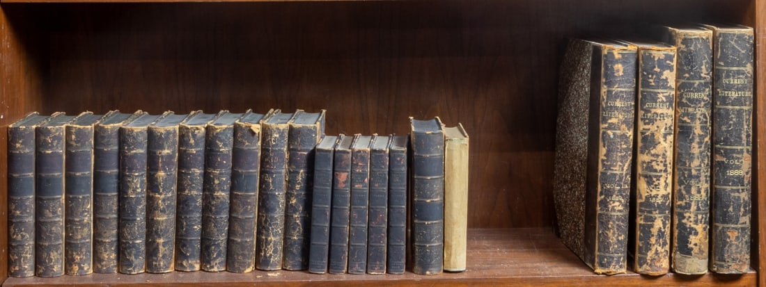 A collection of books in volumes featuring Edgar Allen Poe: A collection of books in volumes featuring Edgar Allen Poe, Charles Lamb and Elizabeth Barrett Browning, 1885-6, with beautiful marble covers and endpapers with 1855 publication edited by Mary Wollsto