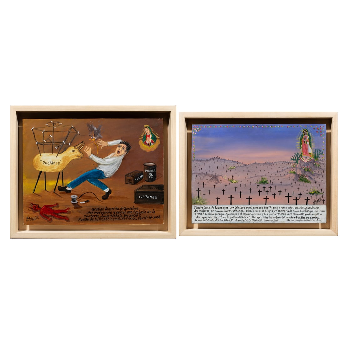 Paintings, Alfredo Vilchis: (lot of 2) Alfredo Vilchis (Mexican, 20th/21st century), "Pajarito," 2008, and Untitled, oil on tin, each signed, overall (with frame, for larger): 11.5"hx 15.25"w