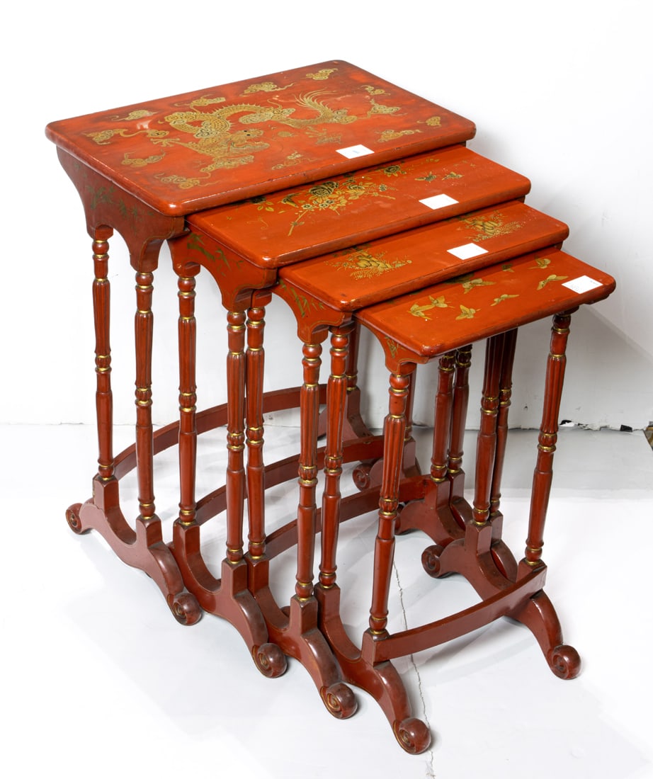 Set of Chinese red lacquered nesting tables. Featuring dragon (1 of 1)