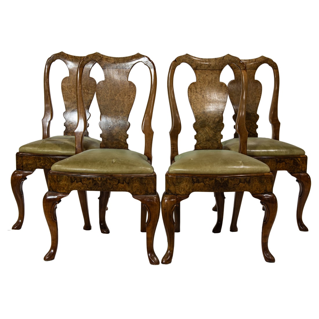 A Queen Anne style burl walnut round table en suite with four matching chairs: A Queen Anne style burl walnut circular table 30"h x 46.5"d; en suite with four matching burl walnut veneered dining chairs, each with sage green leather upholstered seats, 40.5"h x 22.5"w x 22.5"d, s