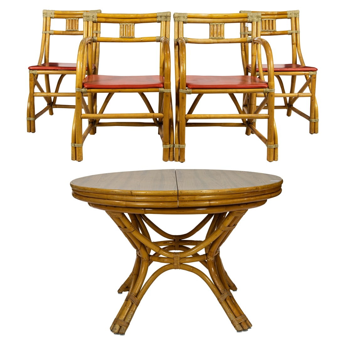 A McGuire-style dining set with table and four chairs; table, 29 1/2"h x 45"w x 45"d, 13 3/4"w (each: A McGuire-style dining set with table and four chairs; table, 29 1/2"h x 45"w x 45"d, 13 3/4"w (each of 2 leaves); chairs, 32 1/2"h x 24 1/2"w x 21"d, 17 3/4"h (seat)