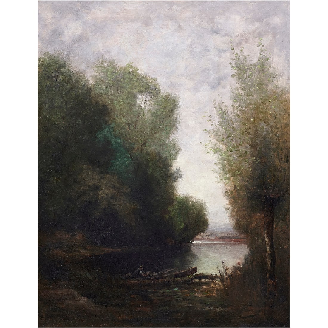 Painting, George William Whitaker: George William Whitaker (American, 1840-1916), Rowing on a River, oil on canvas, signed indistinctly lower left, canvas: 26"h x 20.25"w, overall (with frame): 35"h x 29.75"w