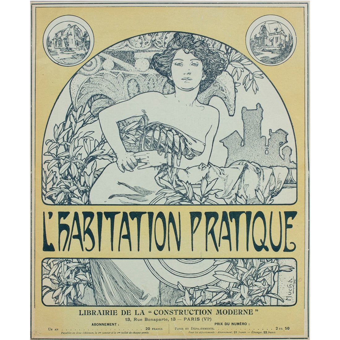 Print, Alphonse Mucha: Alphonse Mucha (Czech, 1860-1939), "L'Habitation Pratique (1903)," lithograph in colors, 1907 printing, signed and dated in plate lower right, sheet: 15.5"h x 12.5"w, overall (with mat): 20"h x 16"w