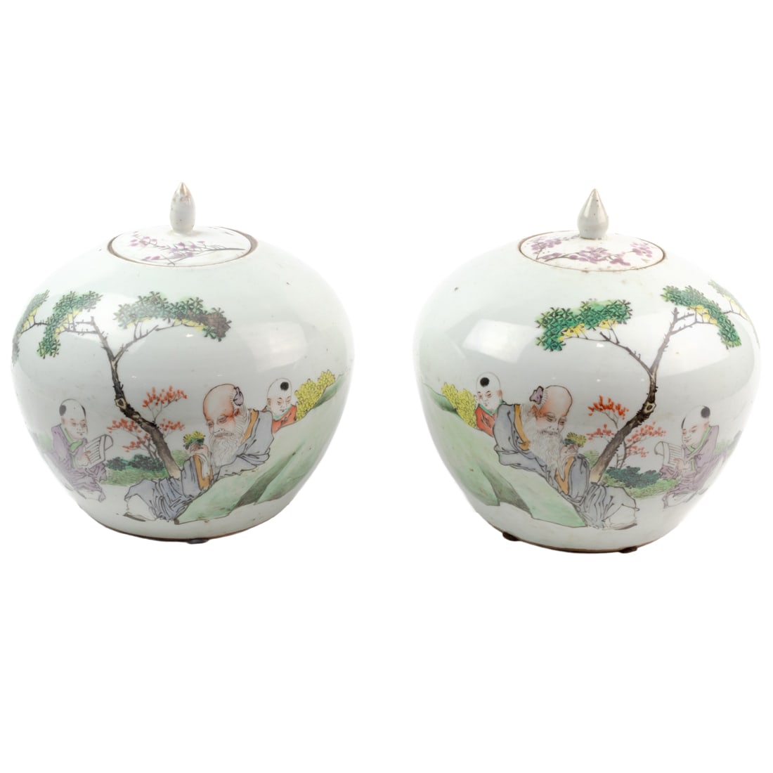 Pair of Chinese famille rose covered jars: Pair of Chinese famille rose covered jars. Featuring various figures and calligraphy, Republic Period, 9" high.