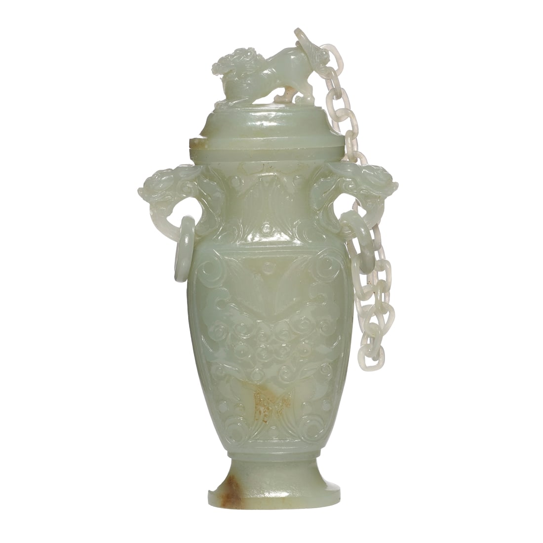 Chinese celadon jade chain-linked and covered vase (1 of 2)