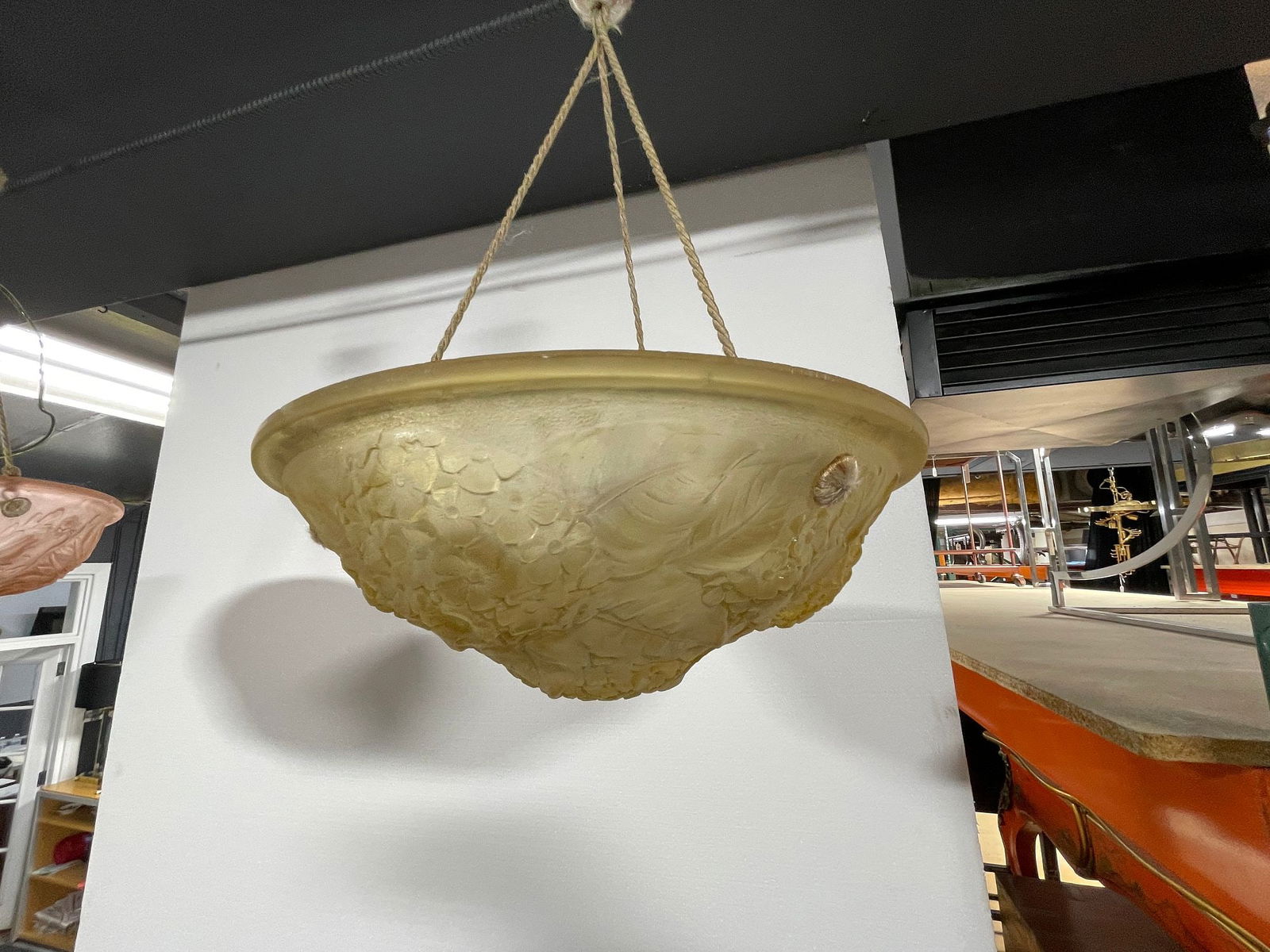 Art Deco Lalique Style Frosted Glass Pendant Chandelier, 1920s (1 of 9)