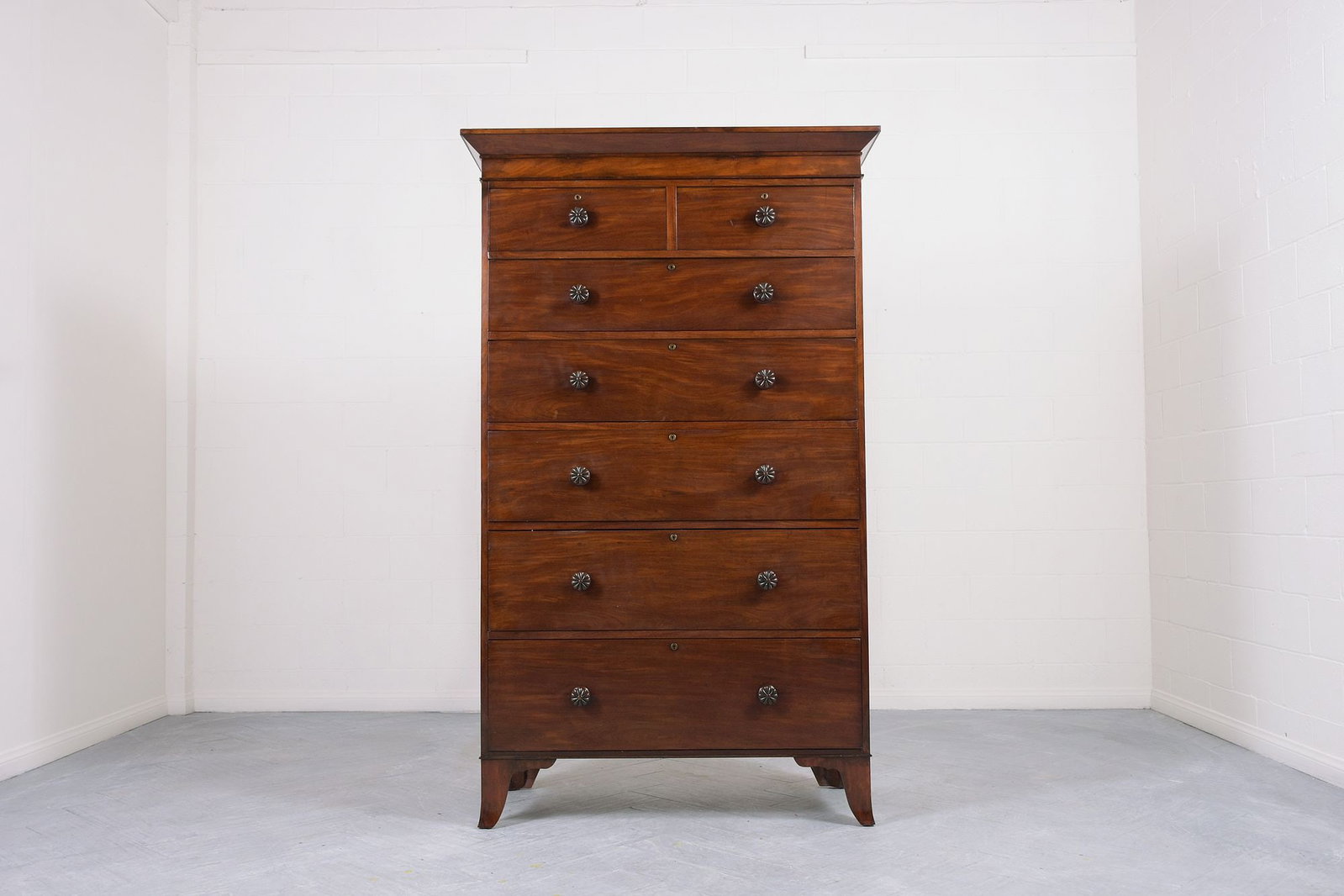 Georgian Style Mahogany Highboy: Georgian-style mahogany highboy, multi-drawers. 79"h x 48"w x 23"d (200.66 x 121.92 x 58.42 cm)