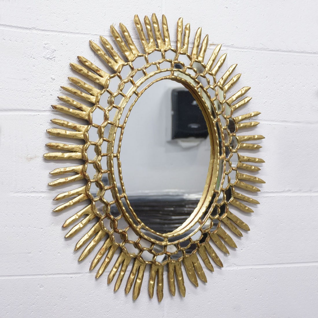 Vintage Sunburst Gilt-Wood Mirror, 1950S: Vintage sunburst gilt-wood mirror, 1950s. 31"h x 25"w x 3"d (78.74 x 63.5 x 7.62 cm) Condition: the mirror is fully reflective.