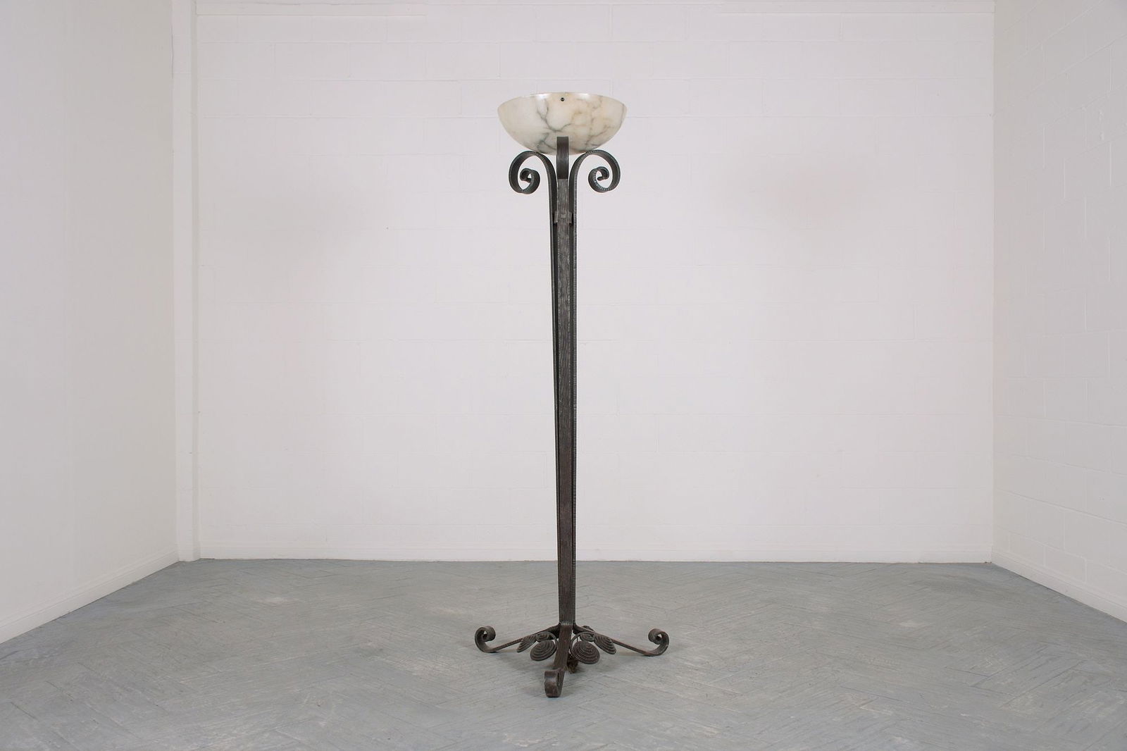 Art Deco Iron Forged Floor Lamp with Alabaster Shade (1 of 5)